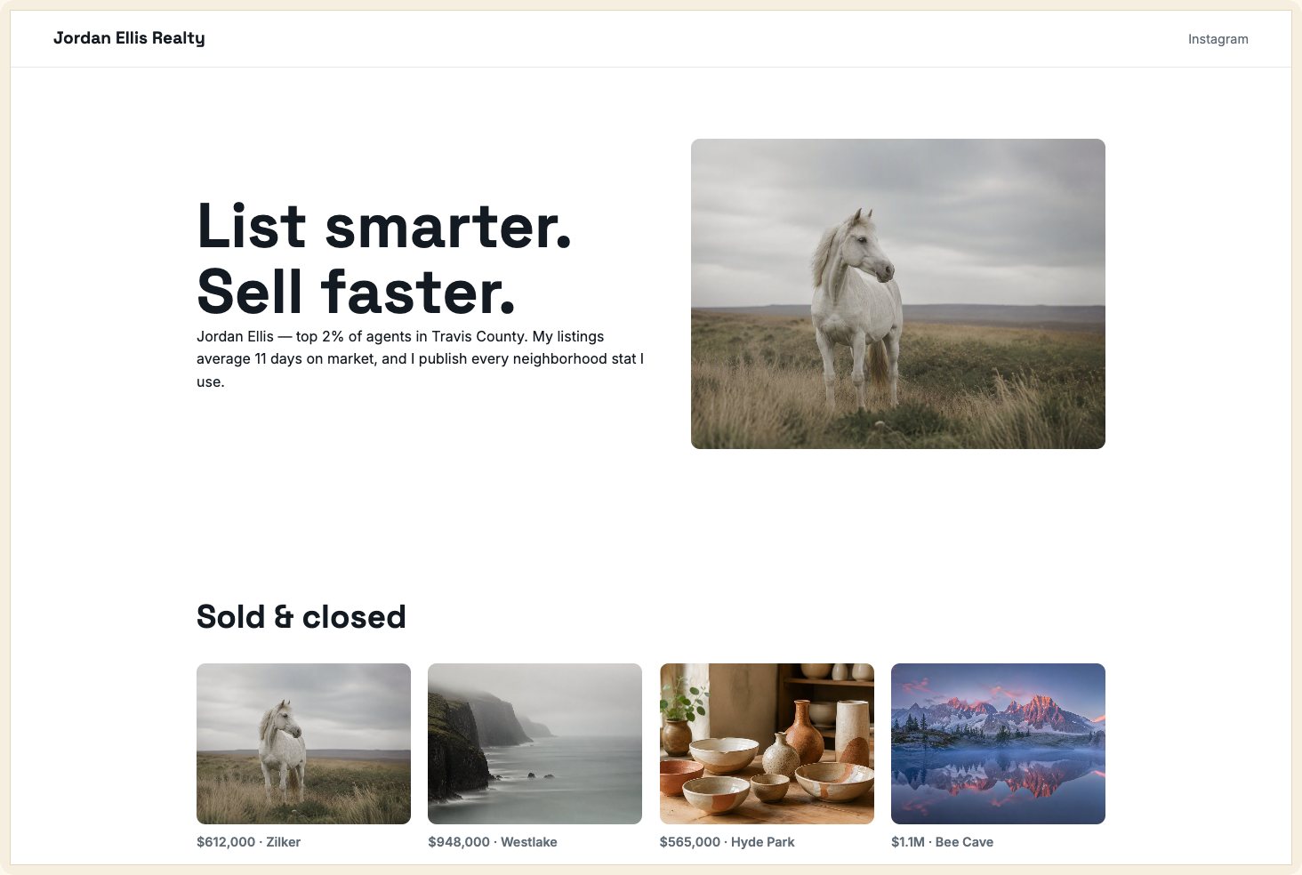 Snapshot of the Compass Point theme — a modern minimal agent site with neighborhood intel