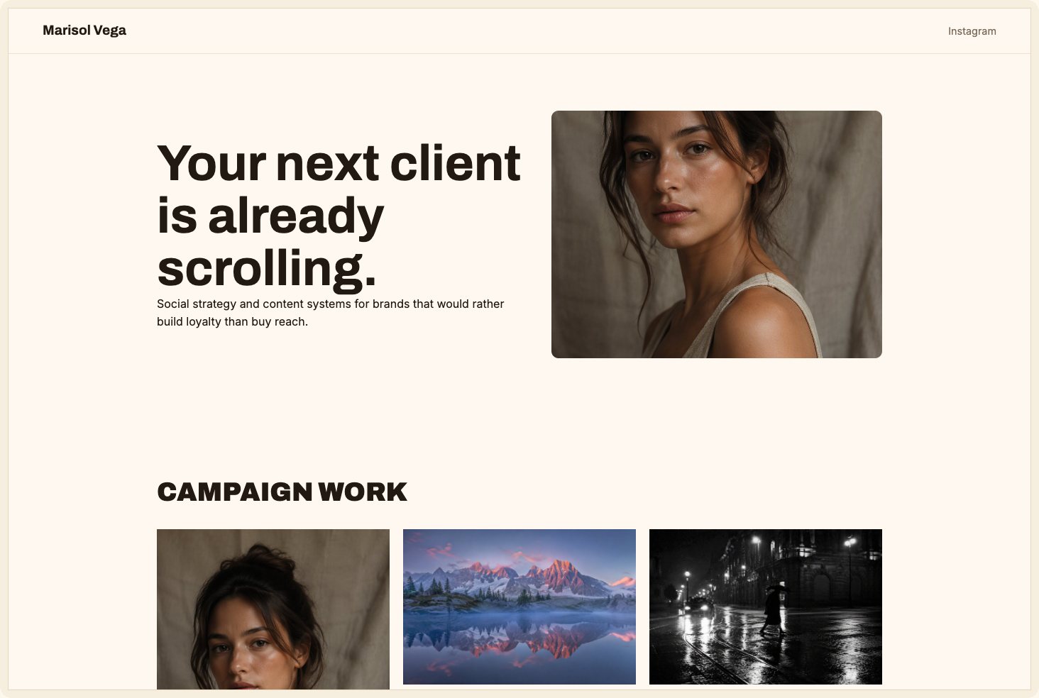 Snapshot of the Signal theme — a bold solo-marketer site with growth-story case study