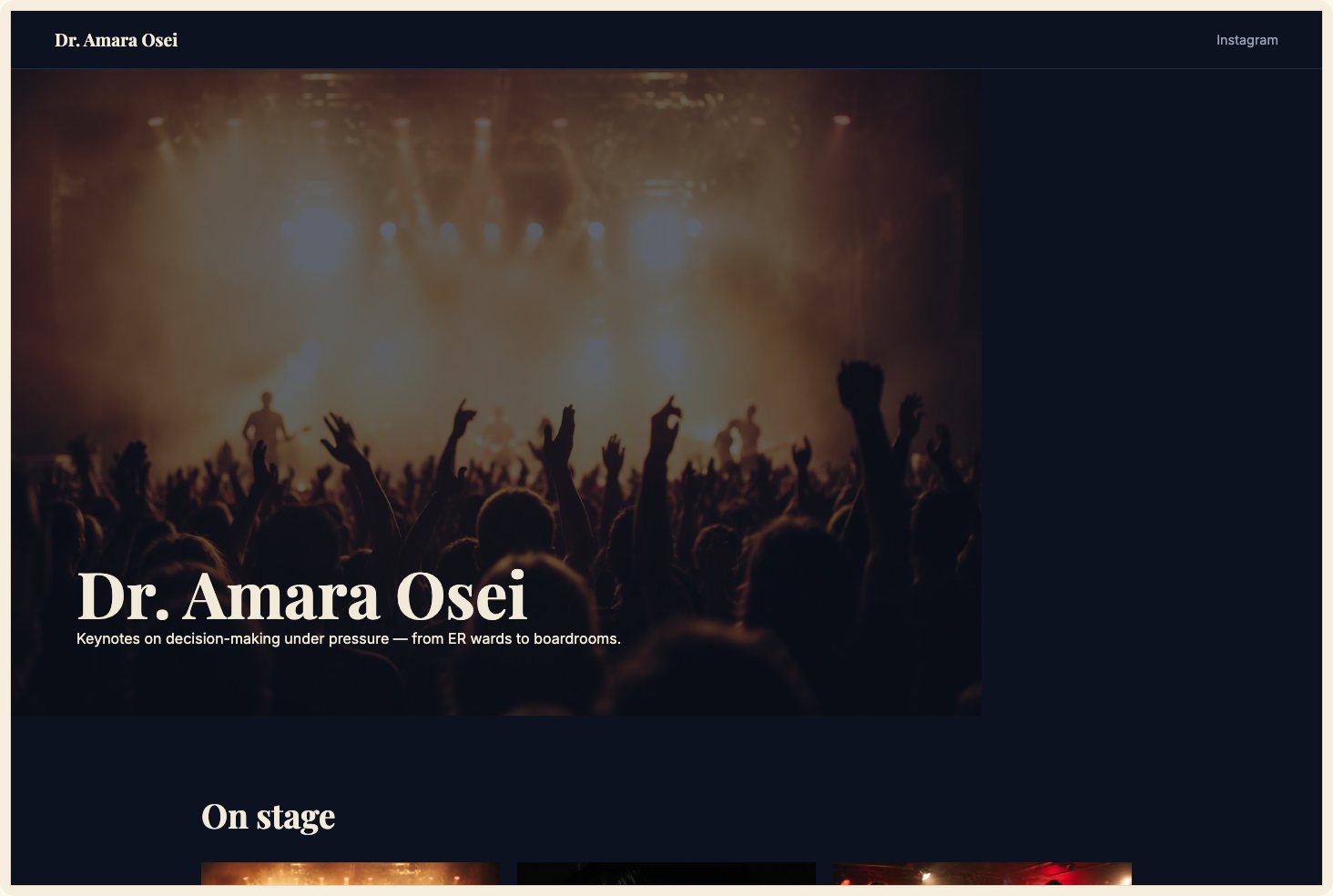 Snapshot of the Keynote theme — a dark navy speaker site with logo bar, topics, and media kit